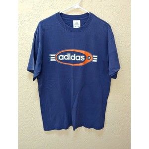 Vtg Y2K Adidas Mens Shirt Medium Navy Blue Orange Spell Out Short Sleeve Retro